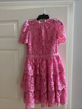 Tween Marlow Pink Lace Tiered Dress with Scalloped Sleeves.